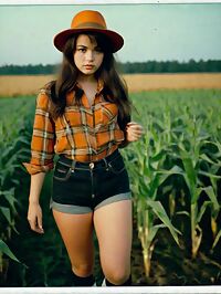 A curvy woman in 1960s style standing tall amidst a twilight cornfield