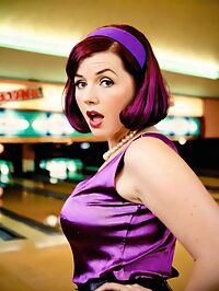 A plump auburn haired woman in a pink shirt and purple skirt bowls at the retro lane