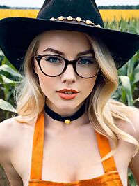 Tall woman with dishwater blonde hair and D cup boobs in a black cowboy hat